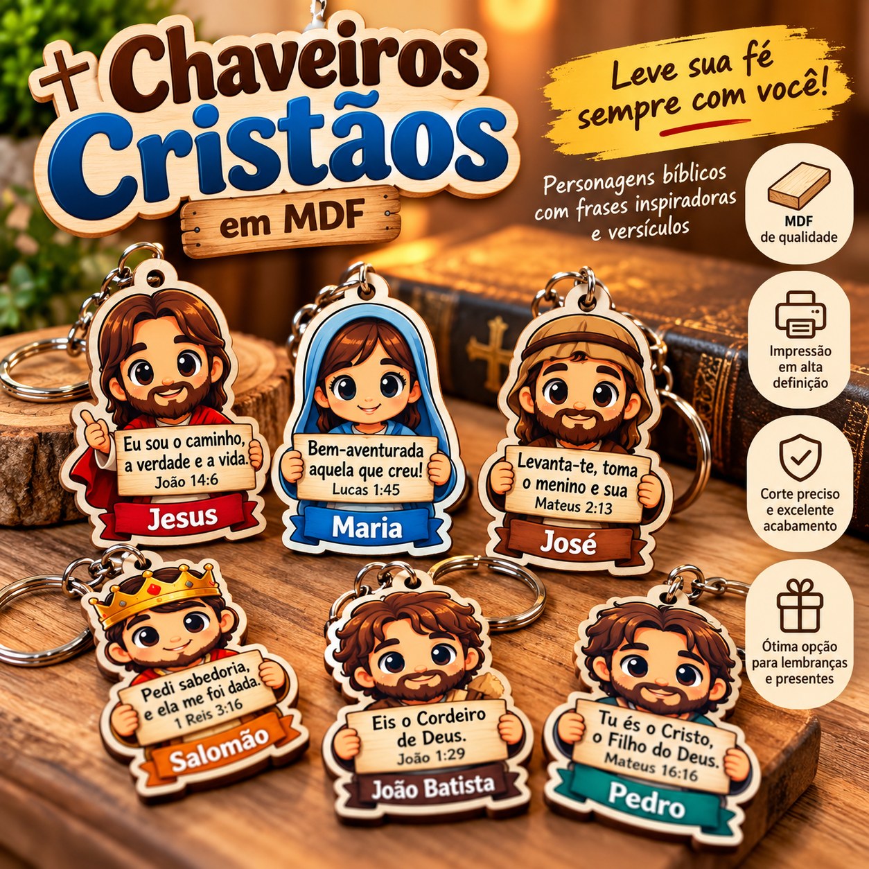 Chaveiros Cristãos em MDF – Personagens Bíblicos com Versículos